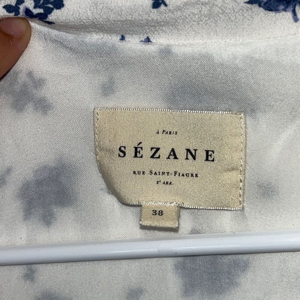 Sezane Aurora Dress White Floral Button-Up Dress blue rose 38 6 tiered short - Picture 6 of 10